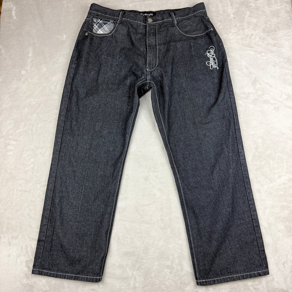 VTG Y2K Red Ape Baggy Jeans Mens 42 (39x29.5) Black Embroidered Skater Hip Hop